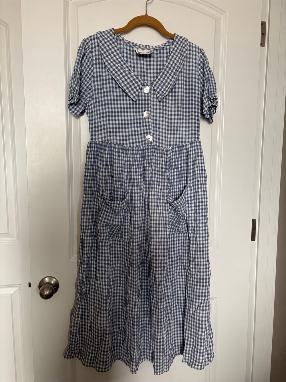 Vintage Dressing Clio Blue Gingham Midi Dress | Cottagecore Peter Pan Collar
